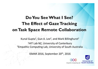 DoYou See What I See?
The Effect of GazeTracking
onTask Space Remote Collaboration
Kunal	Gupta1,	Gun	A.	Lee2,	and	Mark	Billinghurst2	
1HIT	Lab	NZ,	University	of	Canterbury	
2Empathic	CompuIng	Lab,	University	of	South	Australia	
	
ISMAR	2016,	September	20th,	2016	
	
 