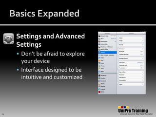 Basics ExpandedSettings and Advanced SettingsDon’t be afraid to explore your deviceInterface designed to be intuitive and customized14