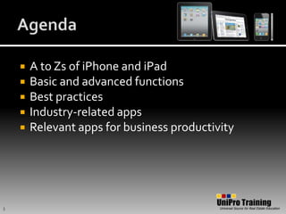 AgendaA to Zs of iPhone and iPadBasic and advanced functionsBest practicesIndustry-related appsRelevant apps for business productivity3