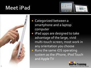 Meet iPadCategorized between a smartphone and a laptop computeriPad apps are designed to take advantage of the large, vivid multi-touch screen; most work in any orientation you chooseRuns the same iOS operating system as the iPhone, iPod Touch and Apple TV6