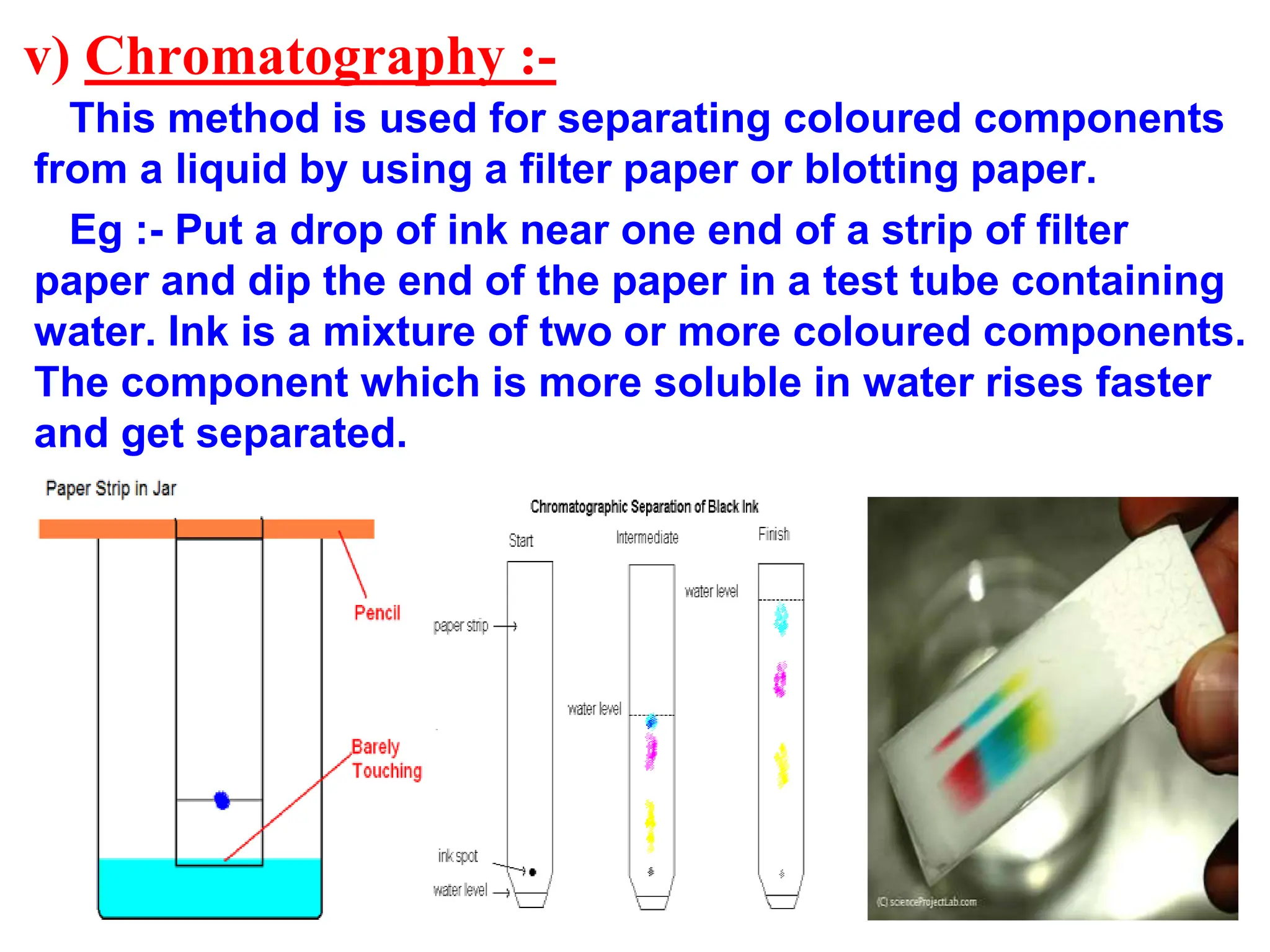 v) Chromatography :-
This method is used for separating coloured components
from a liquid by using a filter paper or blotting paper.
Eg :- Put a drop of ink near one end of a strip of filter
paper and dip the end of the paper in a test tube containing
water. Ink is a mixture of two or more coloured components.
The component which is more soluble in water rises faster
and get separated.
 