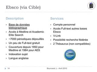 Ebsco (via Cible)Description	ServicesBourceret, L - Avril 201014Base de données bibliographiqueAccès à Medline et Academic Elite Search~7000 périodiques dépouillésUn peu de Full-text gratuitCouverture depuis 1950 pour Medline et 1984 pour AESIndexation sujetLangue anglaiseCompte personnelAccès Full-text autres bases EbscoV-LinkPossibilité recherche fédérée 2 Thésaurus (non compatibles)