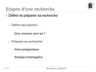 Etapes d’une recherche Bourceret, L - Avril 2010Définir et préparer sa rechercheDéfinir ses besoins	Quoi, pourquoi, pour qui ? Préparer sa recherche:  	Arbre syntagmatique	Stratégie d’interrogation 5