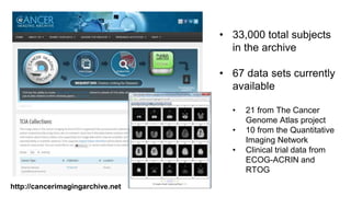 http://cancerimagingarchive.net
• 33,000 total subjects
in the archive
• 67 data sets currently
available
• 21 from The Cancer
Genome Atlas project
• 10 from the Quantitative
Imaging Network
• Clinical trial data from
ECOG-ACRIN and
RTOG
 