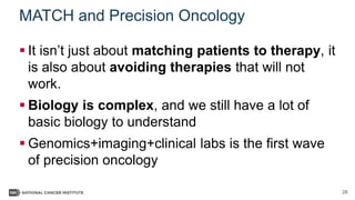 28
MATCH and Precision Oncology
 It isn’t just about matching patients to therapy, it
is also about avoiding therapies that will not
work.
 Biology is complex, and we still have a lot of
basic biology to understand
 Genomics+imaging+clinical labs is the first wave
of precision oncology
 