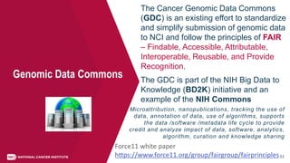 33
The Cancer Genomic Data Commons
(GDC) is an existing effort to standardize
and simplify submission of genomic data
to NCI and follow the principles of FAIR
– Findable, Accessible, Attributable,
Interoperable, Reusable, and Provide
Recognition.
The GDC is part of the NIH Big Data to
Knowledge (BD2K) initiative and an
example of the NIH Commons
Genomic Data Commons
Microattribution, nanopublications, tracking the use of
data, annotation of data, use of algorithms, supports
the data /software /metadata life cycle to provide
credit and analyze impact of data, software, analytics,
algorithm, curation and knowledge sharing
Force11 white paper
https://www.force11.org/group/fairgroup/fairprinciples
 