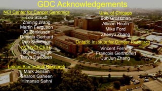 GDC Acknowledgements
NCI Center for Cancer Genomics Univ. of Chicago
Bob Grossman
Allison Heath
Mike Ford
Zhenyu Zhang
Ontario Institute for Cancer Research
Lou Staudt
Zhining Wang
Martin Ferguson
JC Zenklusen
Daniela Gerhard
Deb Steverson
Vincent Ferretti
'Francois Gerthoffert
JunJun Zhang
Leidos Biomedical Research
Mark Jensen
Sharon Gaheen
Himanso Sahni
NCI NCI CBIIT
Tony Kerlavage
Tanya Davidsen
 