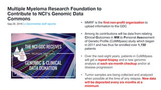 • MMRF is the first non-profit organization to
upload information to the GDC
• Among its contributions will be data from relating
Clinical Outcomes in MM to Personal Assessment
of Genetic Profile (CoMMpass) study which began
in 2011 and has thus far enrolled over 1,150
patients
• Over the next eight years, patients in CoMMpass
will get a repeat biopsy and a new genomic
analysis at each six-month checkup and/or at
disease progression
• Tumor samples are being collected and analyzed
when possible at the time of any relapse. New data
will be deposited every six months at a
minimum
 