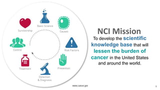 5
To develop the scientific
knowledge base that will
lessen the burden of
cancer in the United States
and around the world.
NCI Mission
 