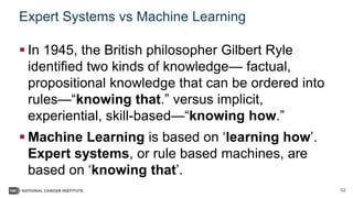 52
Expert Systems vs Machine Learning
 In 1945, the British philosopher Gilbert Ryle
identified two kinds of knowledge— factual,
propositional knowledge that can be ordered into
rules—“knowing that.” versus implicit,
experiential, skill-based—“knowing how.”
 Machine Learning is based on ‘learning how’.
Expert systems, or rule based machines, are
based on ‘knowing that’.
 