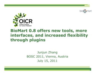 BioMart 0.8 offers new tools, more
interfaces, and increased flexibility
through plugins


             Junjun Zhang
       BOSC 2011, Vienna, Austria
             July 15, 2011
 