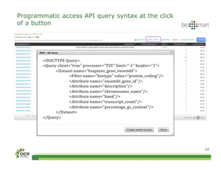 Programmatic access API query syntax at the click
of a button




                                                    12
 