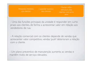 Manter infra-
       Resposta imediata   Capacitar sucesso      estrutura dos
          aos clientes       dos clientes      clientes com erro
                                                       zero


- Uma das funções principais da unidade é responder em curto
prazo aos clientes, de forma a acrescentar valor em relação aos
vendedores de rua.


- A relação comercial com os clientes depende de vendas que
acrescenter valor competitivo, vendas ‘push’ deterioram a relação
com o cliente.


- Um plano preventivo de manutenção aumenta as vendas e
mantêm niveis de serviço elevados.
 