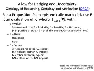 Allow for Hedging and Uncertainty:
Ontology of Reasoning, Certainty and Attribution (ORCA)
For a Proposition P, an epistemically marked clause E
is an evaluation of P, where EV, B, S(P), with:
– V = Value:
3 = Assumed true, 2 = Probable, 1 = Possible, 0 = Unknown,
(- 1= possibly untrue, - 2 = probably untrue, -3 = assumed untrue)
– B = Basis:
Reasoning
Data
– S = Source:
A = speaker is author A, explicit
IA = speaker author, A, implicit
N = other author N, explicit
NN = other author NN, implicit
Based on a conversation with Ed Hovy;
de Waard, A. and Schneider, J. (2012)
 