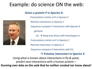 Using what is known about interactions in fly & yeast,
predict new interactions with a human protein –
Running over data on the web that he neither created nor knew about!
Given a protein P in Species X:
Find proteins similar to P in Species Y
Retrieve interactors in Species Y
Sequence-compare Y-interactors with Species X
genome
(1)  Keep only those with homologue in
Find proteins similar to P in Species Z
Retrieve interactors in Species Z
Sequence-compare Z-interactors with (1)
 Putative interactors in Species X
Example: do science ON the web:
 