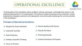 OPERATIONAL EXCELLENCE
“A philosophy of the workplace where problem-solving, teamwork, and leadership results in the
ongoing improvement in an organization. The process involves focusing on the customers' needs,
keeping the employees positive and empowered, and continually improving the current activities
in the workplace.”
Principles of Operational Excellence:
 Respect for Every Individual
 Lead with Humility
 Seek Perfection
 Embrace Scientific Thinking
 Focus on Process
 Assure Quality at the Source
 Flow & Pull Value
 Think Systemically
 Create Consistency of Purpose
 