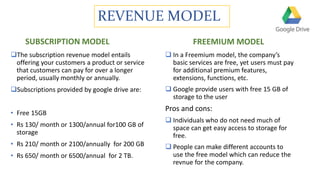 REVENUE MODEL
SUBSCRIPTION MODEL
The subscription revenue model entails
offering your customers a product or service
that customers can pay for over a longer
period, usually monthly or annually.
Subscriptions provided by google drive are:
• Free 15GB
• Rs 130/ month or 1300/annual for100 GB of
storage
• Rs 210/ month or 2100/annually for 200 GB
• Rs 650/ month or 6500/annual for 2 TB.
FREEMIUM MODEL
 In a Freemium model, the company’s
basic services are free, yet users must pay
for additional premium features,
extensions, functions, etc.
 Google provide users with free 15 GB of
storage to the user
Pros and cons:
 Individuals who do not need much of
space can get easy access to storage for
free.
 People can make different accounts to
use the free model which can reduce the
revnue for the company.
 