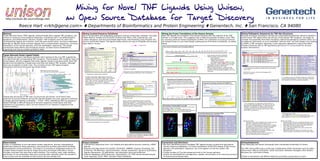 Mining for Novel TNF Ligands Using Unison,
  http://unison-db.sourceforge.net/                                                                                                                                                           an Open Source Database for Target Discovery
                                                          Reece Hart <rkh@gene.com>  Departments of Bioinformatics and Protein Engineering  Genentech, Inc.  San Francisco, CA 94080
Abstract                                                                                                                                                                                                                      Mining Curated Sequence Databases                                                                                           Mining Six-Frame Translations of the Human Genome                                                                                                               Mining Pathogenic Sequences for TNF-like Structures
Tumor Necrosis Factor (TNF) ligands, acting through their cognate TNF receptors, are                                                                                                                                          We've mined public and proprietary sequence sources using many methods, including                                           Most TNF ligands are encoded in the Human Genome with the majority of the TNF                                                                                   Because extensive expression cloning and computational prediction failed to identify a
critical to numerous immunological responses, including B and T cell differentiation,                                                                                                                                         hidden Markov models and PSI-BLAST profiles from Pfam, CDD, Superfamily, and                                                domain in a single exon. This suggests that it might be possible to detect novel TNFs                                                                           novel human TNF ligand which bound any of the orphan TNF receptors, we began to
apoptosis, and inflammation. Several “orphan” TNF receptors exist for which the                                                                                                                                               custom sequence- and structure-based alignments, and threading using Prospect (Xu                                           by scanning naïve six-frame translations of ORFs. For calibration of scoring functions,                                                                         consider the possibility that these receptors might bind pathogenic proteins either as a
corresponding ligands are unknown. Over the past several years, we have undertaken                                                                                                                                            and Xu) and ProHit (Sippl). The figures below outline one way to integrate and analyze                                      we instead chose to scan fixed-length subsequences of 6-frame translations, as shown                                                                            surveillance mechanism or as an exploited “security hole” (as with herpes virus binding
attempts to identify these unknown ligands from curated protein sequences, six-frame                                                                                                                                          these data in Unison.                                                                                                       below.                                                                                                                                                          to HVEM, a TNF receptor). Recently, a new sequence appeared in Swiss-Prot which
translations of the human genome, and from pathogenic sequences. This poster                                                                                                                                                                                                                                          = mouse click                                                                                                                                                                                       threads extremely well to TNF backbones and occurs in a virus known for its host
                                                                                                                                                                                                                                                                                                                                                            Six-Frame Translation and Threading Method
summarizes these efforts and introduces Unison, an Open Source database for                                                                                                                                                                                                                                                                                                                                                                                                                                               evasion mechanisms.
organizing and mining complex proteomic data.                                                                                                                                                                                                                                                                                                                          1           2       3       4     5       6       7       X       8   9    10     11    12   13   14   15   16   17 18 19 20   Y   21 22


                                                                                                                                                                                                                                                                                                                                                                                                                                                                                                                  3B bp

Tumor Necrosis Factor Ligand Family                                                                                                                                                                                                                                                                                                                                                        450 NT fragment                                                 ●    UCSC genome assembly (NHGD34)
                                                                                                                                                                                                                                                                                                                                                                                                                                                                450bp w/150bp overlap generates:
TNF ligands are type II membrane proteins which belong to the C1q-TNF superfamily
                                                                                                                                                                                                                                                                                                                                                                                                                                                           ●

                                                                                                                                                                                                                                                                                                                                                                                                                                                                  –    10 M fragments
and signal through corresponding TNF receptors. Three putative TNF receptors have no                                                                                                                                                                                                                                                                                                                                                                              –    60M 6-frame translations
                                                                                                                                                                                                                                                                                                                                                                                                                                                                       ~500M ORF fragments
known ligand, and this suggests that other ligands remain to be discovered. Most TNF                                                                                                                                                                                                                                                                                               ≤150 AA six-frame translations
                                                                                                                                                                                                                                                                                                                                                                                                                                                                  –
                                                                                                                                                                                                                                                                                                                                                                                                                                                                  –    27M fragments w/length ≥50AA (       )
domains are encoded by a single exon and bind one distinct TNF receptor, although                                                                                                                                                                                                                                                                                                                                            X                                    –    fragments <50AA ( X ) were discarded
                                                                                                                                                                                                                                                                                                                                                                                                                                                                27M fragments were threaded against 22 TNF
there are exceptions to both rules. The currently known TNF ligand-receptor                                                                                                                                                                                                                                                                                                                                                                                ●


                                                                                                                                                                                                                                                                                                                                                                                                                                                                superfamily members (TNF+C1q)
interactions and exon structures are shown below.                                                                                                                                                                                                                                                                                                                                                                                X                         ●    900K (of 27M) had score <=250; each was
                                                                                                                                                                                                                                                                                                                                                                                                                                                                                                                            1. Viral sequences sorted by the best TNF-C1q threading
                                                                                                             1c28, 1gr3
                    1d2q,1dg6




                                                                                         1jh5, 1kxg




                                                                                                                                                                                                                                                                                                                                                                                                                                                                threaded against 3286 representative chains
                                                                                                                                                                                                                                                                                                                                                                               X               X                                 X
                                                                  1aly, 1i9r
                                1iqa, 1jtz




                                                                                                                                                                                                                                                                                          2. Review candidates
                                             2tnf (mus)




                                                                                                                                                                                                                                                                                                                                                                                                                                                                                                                            “raw” score.
                                                                                                             Others:




                                                                                                                                                                                                                                                                                                                                                                                                                                                           ●    total time: 176 CPU-weeks (4 weeks on 22 2-cpu
                                                                                                      9sgh




                                                                                                                                      TNF Family Exon Structure                                                                                                                                                                                                                                                                                                 machines)
                                                                                                                                                                                                                                                                                          Clicking any of the classified results at left returns a list
                                             1tnf,




                                                                                                                                      Most TNF domains are encoded within a single exon                                                                                                                                                                                    X           X       X                                                                                                                            VA28_MCV is one of a family of orthologous A28
                                                                                                                                                                                                                                                                                          of distinct sequences with their “best” annotations.                                                                                                                                                                              proteins in poxvirii.
                                                                                                                                                  0       50       100     150          200         250                          1. Integrating multiple search methods
                                                                                                                                          Lta   1
                                                                                                                                        TNFa    2
                                                                                                                                          Ltb   3
                                                                                                                                                                                                                                 A single Unison page allows users to select and                                                                                                                                                                                                                                                                                                       2. Threading results for VA28_MCV aligned to 3286 FSSP
                                                                                                                                       OX40L    4                                                                                integrate results from HMMs, PSSMs, and Prospect2
   1d0g 1d4v 1du3




                                                                                                                                                                                                                                                                                                                                                                                                                                                                                                                                                                                       representative backbones. TNF and C1q family members
                                                                                                                                       CD40L    5                                                                                threadings to any family of models (TNFs in this                                                                                      Distribution of Prospect2 raw scores
                                                                                                                                         FasL   6
                                                                                                                                                                                                                                                                                                                                                                       histogram shows the distribution of the best (lowest)                                                                                                                                                           are among the best fold recognition templates.
                                                                                                                                       CD27L    7                                                                                case). “Hits” are then classified into true positives,
                                                                                                                                                                                                                                                                                                                                                                       “raw” score for the alignment of each 150AA six-frame
                                                  1tnr




                                                                                                                                       CD30L    8                                                                                false negatives, and “unknown” positives
                                                                                                                                      4­1BBL    9
                                                                                                                                                                                                                                 (candidates) by reference to a curated list of known
                                                                                                                                                                                                                                                                                                                                                                       translation fragment to TNF-C1q superfamily backbones.                          Fragment threading identifies NP_848635.1




                                                                                                                                                                                                                                                                                                                                                           Frequency
                                                                                                                                                                                                                                                                                                                                                                       Fragment 8602 is highlighted and shown as an example
                                                              1bzi*




                                                                                                                                       TRAIL    10
                                                                                                                                                                                                                                                                                                                                                                                                                                                       Screenshots showing ambiguous alignment to different regions on
                                                                                                                                      RANKL     11                                                                               family members.                                                                                                                       below.                                                                          chr 13.
                                                                                                                                      TWEAK     12
                                                                                                                                       APRIL    13
                                                                                                                                                                                                                                                                                                                                                                       Unfortunately, only distinctly C1q-like proteins have been
                                                                                                                    NP




                                                                                                                                        BLyS    13B
                                                                                                                                       LIGHT    14                                                                                                                                                                                                                     identified so far.
                                                                                                                                        VEGI
                                                                                                                                       AITRL
                                                                                                                                                15
                                                                                                                                                18                                                                                                                                                                                                                                                         TBD: 166 w/score ≤ -120                                                                                        ▶
                                                                                                                                         EDA                                                                                                                                                                                                                                                           (max TNF fragment score = -154)
                                                                                                                                                                Exon                  TNF Domain
                                                                                                                                                                                                                                                                                                                                                                                                       analyzed: 76 w/score ≤ -200
                                                               Adapted from Bodmer, Schneider, Tschopp
                                                               TiBS 27(1): 19-26 (2002).


Twenty-two structures of TNF and C1q structures are known, all of which have                                                                                                                                                                                                                                                                                                                                         8602
                                                                                                                                                                                                                                                                                          4. Genomic map.                                                  Best raw score to any TNF SF member (lower is better)
profound structural similarity among the ligands despite very poor sequence similarity
(average pairwise identity is between ~ 9 and ~30%). Identifying TNFs by sequence-                                                                                                                                                                                                        Unison contains rudimentary protein-to-genome
                                                                                                                                                                                                                                                                                          alignments using BLAT. This sequence has a high-
based methods is difficult because of the poor sequence conservation and their                                                                                                                                                                                                            quality orthologous C-terminal fragment from mouse.                                                                                                                                                                                 3. For comparison, the alignment of Apo2L/TRAIL to
similarity to C1q proteins, which are not relevant to our interest in ligands for the                                                                                                                                                                                                     Clicking the map opens an in-house viewer with more                                                                                                                                                                                 the same FSSP representatives. The raw score for the
                                                                                                                                                                                                                                                                                          extensive genomic mapping data.                                  Threading of Unison:8602 to 1c28a                                                                                                                                  alignment of VA28_MCV to 1gr3a, a TNF-C1q family
orphan receptors.                                                                                                                                                                                                                                                                                                                                          Unison provides on-the-fly threading visualization via JMol, PyMOL,                                                                                                member, is denoted by the red triangle (▶) and is
                                                                                                                                                                                                                                                                                                                                                           and RasMOL. (PyMOL is used below.)
                                                                                                                                                                                                                                                                                                                                                           Legend: blue=identity; cyan=similarity; red=dissimilarity;
                                                                                                                                                                                                                                                                                                                                                                   blue           cyan              red                                                                                                                       comparable to those for alignments of known TNFs to
                                                                               CD40L (1aly)                                                                    structure-based alignment of two TNFs by CE                                                                                                                                                 yellow=cysteine; yellow spacefill= conserved cysteine; grey=query
                                                                                                                                                                                                                                                                                                                                                           yellow                  spacefill                        grey                                                                                                      other TNF-C1q structures.
                                                                                                                                                                                                                                                                                                                                                           gap/template insert; >nAA< = query insert/template gap

                                                                                                                                                                                                                                                                                                                                                                                                                                             Threading Results for Fragment 8602                                                                                                       4. A28 aligned to CD40L.
                                                                               A'                                                                                                                                                                                                                                                                                                                                                            looks more C1q-like than TNF-like, but close                                                                                              Legend: blue=identity; cyan=similarity; red=dissimilarity;
                                                                                                                                                                                                                                                                                                                                                                                                                                                                                                                                                                                               blue           cyan             red
                                                              A                                                                                                                        120º
                                                                                     B                                                                                                                                                                                                                                                                                                                                                                                                                                                                                                 yellow=cysteine; yellow spacefill= conserved cysteine; grey=query
                                                                                                                                                                                                                                                                                                                                                                                                                                                                                                                                                                                       yellow                  spacefill                      grey
                                                                                                                                                                                                                                                                                                                                                                                                                                                                                                                                                                                       gap/template insert; >nAA< = query insert/template gap
                                                          H                     B'
                                                      C
                                               F
                                                                                                                                                A'                                                                                                                                                                                                                                                                                                                                                                          Reasons for hope:                                         Reasons for doubt:
                                                                                                                                                                                                                                  3. Summary of features for Unison:8602.                                                                                                                                                                                                                                                   ●  VA28_MCV has a signal peptide and is known to be on    ●  threading alignment has a significant deletion (but is
                                                                  G                                                               H A                                                                                                                                                                                                                                                                                                                                                                                          viral coat; conditional mutants abolish entry             nearly as good as other intra-TNF family alignments)
                                                    E     D                                                                   C                                                                                                                                                                                                                                                                                                                                                                                                MCV has numerous genes for host evasion, including        A28 doesn't thread as well to other TNF backbones
                                                                                                                                                      B                                                                                                                                                                                                                                                                                                                                                                     ●                                                         ●


                                                                                                                          F                     B'                               1aly (CD40L)                                                                                                                                                                                                                                                                                                                                  homologs for a Death Effector Domain which inhibits    ●  other A28s don't thread well to TNFs
                                                                                                                                                                         90º     1tnf (TNFα)                                                                                                                                                                                                                                                                                                                                   caspase-8 (also found in HSV), IL18 BP, and MHC        ●  some viral capsid proteins also have a similar fold
                                                                                                                                             G                                                                                                                                                                                                                                                                                                                                                                                 class I complex which may act as a decoy.                 (but in RNA viruses)
                                                                                                                                  E      D                                                                                                                                                                                                                                                                                                                                                                                  ●  There is a precedent for viral entry via TNFR: HSV     ●  VA28_MCV does not appear to stimulate any of the
                                                                                                                                                                                      CE-generated alignment                                                                                                                                                                                                                                                                                                                   enters via TNFRSF14/HveA/HVEM.                            orphan receptors. Non-orphans have not been tested.
                                                                                                                                                                                      141 aligned residues
                                                                                                                                                                                      2.2 Å RMSD (backbone)
                                                                                                                                                                                                                                                                                                                                                                                                                                                                                                                            ●  MCV infects keratinocytes, which are known to
                                                                                                                                                                                      26% Identity (c.f. 19% by S-W)                                                                             5. On-the-fly re-threading of sequence 8602 to                                                                                                                                                                                express TNFR during their development
                                                                                                                                                                                      c.f.   0.71 Å RMSD / 65 AA
                                                                                                                                                                                             0.78 Å RMSD / 48 AA 1aly-1c28a
                                                                                                                                                                                                                                                                                                 the TRAIL ligand viewed with RasMOL (PyMOL
                                                                                                                                                                                                                                                                                                 and JMol are also supported).




About Unison                                                                                                                                                                                                                  Unison Contents                                                                                                             Conclusions and Directions                                                                                                                                      Acknowledgments
Unison is a database of non-redundant protein sequences, diverse computational                                                                                                                                                ● >5M distinct sequences from >40 reliable and speculative sources covering >9900                                           ● We have identified several candidate TNF ligands among curated and speculative                                                                                Kiran Mukhyala and David Cavanaugh have contributed immensely to Unison.
predictions based on these sequences, and extensive auxiliary data which facilitate                                                                                                                                             species                                                                                                                     human sequence databases, six frame translations of the R34 release of the human
interpretations of the predictions. The intent is to provide an integrated resource for                                                                                                                                       ● features and alignments from BLAST, PSI-BLAST, HMMER, Prospect threading, GPI                                               genome, and pathogenic sequence, but none appear to bind the orphan TNF                                                                                       The TNF mining effort was a multi-year collaboration within Genentech and included:
complex feature-based mining for target discovery and target elimination. Unison                                                                                                                                                anchoring, TM detection, signal prediction, cellular localization, genomic localization,                                    receptors.                                                                                                                                                    Vishva Dixit, Wayne Fairbrother, Sarah Hymowitz, Nobuhiko Kayagaki, Nick Skelton,
includes command line tools and a web interface. The schema, tools, web interface,                                                                                                                                              regular expressions, CE alignments, and secondary structure prediction                                                    ● A large number of C1q-like sequences exist in the human genome.                                                                                               Minhong Yan, and Zemin Zhang.
and dumps of non-proprietary data have recently been released under the Academic                                                                                                                                              ● external databases: NCBI taxonomy, HomoloGene, GO, PDB (w/enumerated seqres-                                              ● Unison has facilitated the management, update, and analysis of an enormous amount


Free License and are available at http://unison-db.sourceforge.net/ .                                                                                                                                                           resid mapping), SCOP, MINT, Derwent Patent Database                                                                         of diverse precomputed data.                                                                                                                                  Thanks to Genentech and William Wood for providing a great place to work.
 