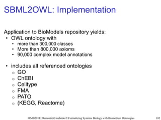 SBML2OWL: Implementation

OWLAPI:
• Ontology consists of
  o a signature (classes, object properties, individuals)
  o a s...