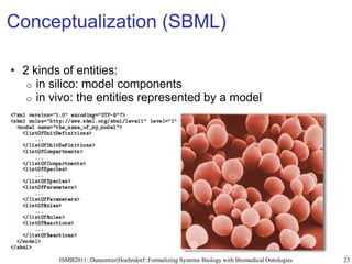 Conceptualization (SBML)

• 2 kinds of entities:
   o in silico: model components
   o in vivo: the entities represented b...