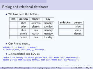 Prolog and relational databases
We have seen this before... (it is called SQL)
lost: person object day
alice umbrella monday
brian glasses tuesday
chris pen monday
dennis watch monday
dennis pen tuesday
unlucky: person
alice
chris
dennis
Our Prolog code...
unlucky(X) :- lost(X, _, monday).
?- unlucky(Who), lost(Who, _, tuesday).
...is translated into SQL as:
CREATE VIEW unlucky AS SELECT person FROM lost WHERE lost.day='monday';
SELECT person FROM unlucky NATURAL JOIN lost WHERE lost.day='tuesday';
Sergei Winitzki (Versal Group Inc.) That scripting language called Prolog June 16, 2014 23 / 31
 