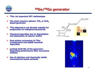 6868Ge/Ge/6868Ga generatorGa generator
68Ga: An important PET radioisotope
The most common options: TiO2 or SnO2
based generator
68Ga obtained is not directly suitable for
preparation of radiopharmaceuticals
Chemical impurities due to degradation
and dissolution of column matrix
11
and dissolution of column matrix
Post elution processing of 68Ga:
Cumbersome and added chemical
impurities
Limited shelf-life of the generator:
Degrading performance after successive
elutions
Use of selective and chemically stable
nanomaterial based sorbents
 