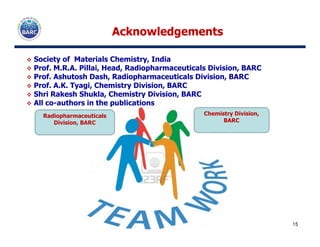 AcknowledgementsAcknowledgements
Radiopharmaceuticals
Division, BARC
Chemistry Division,
BARC
Society of Materials Chemistry, India
Prof. M.R.A. Pillai, Head, Radiopharmaceuticals Division, BARC
Prof. Ashutosh Dash, Radiopharmaceuticals Division, BARC
Prof. A.K. Tyagi, Chemistry Division, BARC
Shri Rakesh Shukla, Chemistry Division, BARC
All co-authors in the publications
15
Division, BARC
 