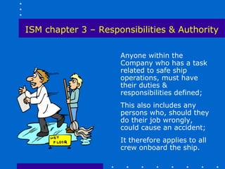 ISM chapter 3 – Responsibilities & Authority

                     Anyone within the
                     Company who has a task
                     related to safe ship
                     operations, must have
                     their duties &
                     responsibilities defined;
                     This also includes any
                     persons who, should they
                     do their job wrongly,
                     could cause an accident;
                     It therefore applies to all
                     crew onboard the ship.
 