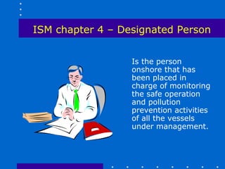 ISM chapter 4 – Designated Person


                  Is the person
                  onshore that has
                  been placed in
                  charge of monitoring
                  the safe operation
                  and pollution
                  prevention activities
                  of all the vessels
                  under management.
 