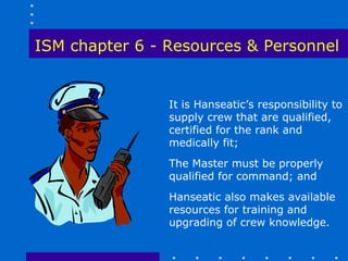 ISM chapter 6 - Resources & Personnel


                It is Hanseatic’s responsibility to
                supply crew that are qualified,
                certified for the rank and
                medically fit;
                The Master must be properly
                qualified for command; and
                Hanseatic also makes available
                resources for training and
                upgrading of crew knowledge.
 