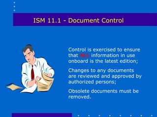 ISM 11.1 - Document Control



          Control is exercised to ensure
          that ALL information in use
          onboard is the latest edition;
          Changes to any documents
          are reviewed and approved by
          authorized persons;
          Obsolete documents must be
          removed.
 