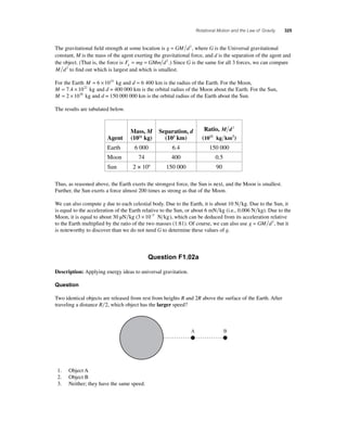 Rotational Motion and the Law of Gravity 325 
The gravitational fi eld strength at some location is g = GM d2, where G is the Universal gravitational 
constant, M is the mass of the agent exerting the gravitational force, and d is the separation of the agent and 
the object. (That is, the force is F mg GMmd g= = 2.) Since G is the same for all 3 forces, we can compare 
M d2 
to fi nd out which is largest and which is smallest. 
For the Earth M = 6 × 1024 kg and d = 6 400 km is the radius of the Earth. For the Moon, 
M = 7.4 × 1022 kg and d = 400 000 km is the orbital radius of the Moon about the Earth. For the Sun, 
M = 2 × 1030 kg and d = 150 000 000 km is the orbital radius of the Earth about the Sun. 
The results are tabulated below. 
Agent 
Mass, M 
(1021 kg) 
Separation, d 
(103 km) 
Ratio, M d2 
(1012 kg km2) 
Earth 6 000 6.4 150 000 
Moon 74 400 0.5 
Sun 2 × 109 150 000 90 
Thus, as reasoned above, the Earth exerts the strongest force, the Sun is next, and the Moon is smallest. 
Further, the Sun exerts a force almost 200 times as strong as that of the Moon. 
We can also compute g due to each celestial body. Due to the Earth, it is about 10 Nkg. Due to the Sun, it 
is equal to the acceleration of the Earth relative to the Sun, or about 6 mNkg (i.e., 0.006 Nkg). Due to the 
Moon, it is equal to about 30 μNkg (3 × 10−5 N kg), which can be deduced from its acceleration relative 
to the Earth multiplied by the ratio of the two masses (1:81). Of course, we can also use g = GM d2 , but it 
is noteworthy to discover than we do not need G to determine these values of g. 
Question F1.02a 
Description: Applying energy ideas to universal gravitation. 
Question 
Two identical objects are released from rest from heights R and 2R above the surface of the Earth. After 
traveling a distance R2, which object has the larger speed? 
1. Object A 
2. Object B 
3. Neither; they have the same speed. 
A B 
 