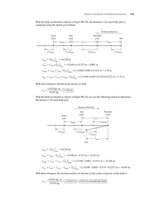 Rotational Equilibrium and Rotational Dynamics 419 
With the body positioned as shown in Figure P8.15b, the distances x for each body part is 
computed using the sketch given below: 
Positive direction 
Knee 
joint 
Hip 
joint 
Shoulder 
joint Bar 
thighs torso arms 
(rcg)legs (rcg)thighs (rcg)torso (rcg)arms 
= +( ) = +0.239 m 
x r arms cg arms 
=  + ( ) = + 0.548 m+ 0.337 m = 0.885 m 
x r torso arms cg torso 
=  +  + ( ) = (+ 0.548+ 0.601+ 0.151) m = 1.30 m 
x r thighs arms torso cg thighs 
=  +  +  + ( ) = (+ 0.548+ 0.601+ 0.374+ 0.227) m = 1.75 m 
x r legs arms torso thighs cg legs 
With these distances and the given masses we fi nd 
xcg 
= + ⋅ = + m 62 8 
kg m 
kg 
62 05 
1 01 
. 
. 
. 
With the body positioned as shown in Figure P8.15c, we use the following sketch to determine 
the distance x for each body part: 
Positive direction 
Knee 
joint 
Hip 
joint 
Shoulder 
Joint 
Bar 
thighs 
torso 
(rcg)arms 
arms 
(rcg)legs 
(rcg)torso 
(rcg)thighs 
= +( ) = +0.239 m 
x r arms cg arms 
=  − ( ) = + 0.548 m − 0.337 m = +0.211 m 
x r torso arms cg torso 
=  −  − ( ) = (+ 0.548 − 0.601− 0.151) m = −0.204 m 
x r thighs arms torso cg thighs 
=  −  −  − ( ) = (+ 0.548 −− 0.601− 0.374 − 0.227) m = −0.654 m 
x r legs arms torso thighs cg legs 
With these distances, the location (relative to the bar) of the center of gravity of the body is 
xcg 
= + ⋅ = + m = m to 0 924 
kg m 
kg 
62 05 
0 015 0 015 
. 
. 
. . wards the head 
 