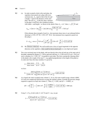468 Chapter 9 
9.2 (a) In order to punch a hole in the steel plate, the 
superhero must punch out a plug with cross-sectional 
area, Acs, equal to that of his fi st and 
a height t equal to the thickness of the steel 
plate. The area Ashear of the face that is sheared 
as the plug is removed is the cylindrical surface 
with radius r and height t as shown in the sketch. Since A r cs = π 2, then r Acs = π and 
c = ( )= = ( ) × 
A rt t 
Acs 
2 2 2 200 
cm 
shear 1 00 102 
π π 
π 
π . 
. m 
cm 
2 
2 
π 
= 70 9 . 
If the ultimate shear strength of steel (i.e., the maximum shear stress it can withstand before 
shearing) is 2.50 × 108 Pa = 2.50 × 108 N m2, the minimum force required to punch out 
this plug is 
F = A ⋅ stress = 
⎛ 
1 
104 . ⎢⎢ 
⎝ ⎜ 
⎞ 
⎠ ⎟ 
⎡ 
⎣ 
shear 
2 
2 
m 
cm 
2 cm 
70 9 
⎤ 
⎦ ⎥⎥ 
2.50 108 = 1.77 ×106 
× 
⎛ 
⎝ ⎜ 
⎞ 
⎠ ⎟ 
N 
m 
N 
2 
(b) By Newton’s third law , the wall would exert a force of equal magnitude in the opposite 
direction on the superhero, who would be thrown backward at a very high recoil speed. 
9.3 Two cross-sectional areas in the plank, with one directly above the rail and one at the outer end of 
the plank, separated by distance h = 2.00 m and each with area A = (2.00 cm)(15.0 cm) = 30.0 cm2, 
move a distance Δx = 5.00 × 10−2 m parallel to each other. The force causing this shearing effect 
in the plank is the weight of the man F = mg applied perpendicular to the length of the plank at 
its outer end. Since the shear modulus S is given by 
S 
shear stress 
shear strain 
F A 
x h 
Fh 
x A 
= = = Δ (Δ ) 
we have 
S = 
( 80 . 0 )( 9 . 80 2 
)( 2 . 
00 
) 
( × − ) 
Pa 2 2 2 ( )( ) ⎡⎣ 
5 . 
00 10 2 3 
kg m s m 
m 
0 0 1 10 
1 05 10 4 
7 
. 
. 
cm m cm 
⎤⎦ 
= × 
9.4 As a liquid, the water occupied some volume Vl . As ice, the water would occupy volume 1.090Vl 
if it were not compressed and forced to occupy the original volume. Consider the pressure change 
required to squeeze ice back into volume Vl . Then, V V V V 0 l l = 1.09 and Δ = − 0.090 , so 
Δ Δ 
N 
m2 09 
V= − l 
P B 
V 
V 
⎛ 
⎝ ⎜ 
⎞ 
⎠ ⎟ 
= − × ⎛⎝ 
⎞⎠ 
− 
0 
2 00 109 
0 090 
1 
. 
. 
. 
1 65 108 1600 
Vl 
⎛ 
⎝ ⎜ 
⎞ 
⎠ ⎟ 
= . × Pa ≈ atm 
9.5 Using Y = F L A L 0 (Δ ) with A = π d2 4 and F = mg, we get 
Y = 
( )( ) ⎡⎣ 
⎤⎦ 
( ) 
. 2 
4 90 9 80 50 
kg m s m 
( × − ) 
π 1 . 0 10 2 
m 
2 
3 5 108 
1.6 m 
Pa 
( ) 
= . × 
r 
t 
Acs 
Ashear 
 