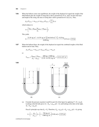 494 Chapter 9 
9.86 When the balloon comes into equilibrium, the weight of the displaced air equals the weight of the 
s 
fi lled mballoon plus the weight of string that is above ground level. If mand L are the total mass 
s and length of the string, the mass of string that is above ground level is ( h L ) . Thus, 
= + + ⎛ 
h 
L 
⎛⎝ ⎜ 
⎞⎠ ⎟ 
ρ ρ air balloon balloon helium balloon gV m g gV 
m g s 
which reduces to 
h 
V m 
m 
L 
s 
= 
⎡( − ) − 
⎣ ⎢ 
⎤ 
⎦ ⎥ 
ρ ρ air helium balloon balloon 
This yields 
h = 
− ( ) ( ) ⎡⎣ 
⎤⎦ 
1.29 kg m3 0.179 kg m3 4 0.40 m 3 3 − 0. π 25 
0 050 
2 0 1 9 
kg 
kg 
m m 
. 
( . ) = . 
9.87 When the balloon fl oats, the weight of the displaced air equals the combined weights of the fi lled 
balloon and its load. Thus, 
ρ ρ air balloon balloon helium balloon l gV m g gV m = + +o 
oad g, 
or 
V 
= m + 
m 
kg balloon 
balloon load 
− 
air helium 
= + 
ρ ρ 
600 4 000 
1 29 0 179 
4 14 103 kg 
kg m 
( − ) = × 
m 3 
3 
. . 
. 
9.88 
L 
L 
h 
H 
A B 
→v 
A B 
C D 
(b) (c) 
Shield 
(a) Consider the pressure at points A and B in part (b) of the fi gure by applying P P gh f = + 0 ρ . 
Looking at the left tube gives atm water P P gL h A= + ρ ( − ), and looking at the tube on the right, 
atm oil P P gL B= +ρ . 
Pascal’s principle says that P P B A = . Therefore, P gL P gL h atm oil atm water + ρ = + ρ ( − ), giving 
⎛ 
ρ 
ρ 
h = − L 
⎝ ⎜ 
⎞ 
⎠ ⎟ 
⎛ 
⎝ 
= − 
oil 
1 1 
water 
3 
3 
750 kg m 
⎜ 1 000 kg m 
⎞ 
⎠ ⎟ 
(5.00 cm) = 1.25 cm 
continued on next page 
 