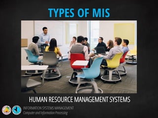 HUMAN RESOURCE MANAGEMENT SYSTEMS
TYPES OF MIS
INFORMATION SYSTEMS MANAGEMENT
Computerand InformationProcessing
 