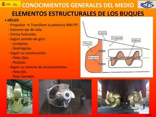 CONOCIMIENTOS GENERALES DEL MEDIO
A. Díez.
ELEMENTOS ESTRUCTURALES DE LOS BUQUES
• HÉLICE:
- Propulsor → Transfiere la potencia MM.PP.
- Extremo eje de cola.
- Forma helicoide.
- Según sentido de giro:
· Levógiras.
· Dextrógiras.
- Según su construcción:
· Palas fijas.
· Postizas.
- Según su sistema de accionamiento:
· Paso fijo.
. Paso Variable.
 