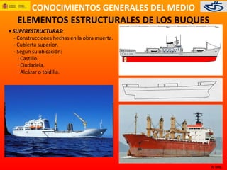 CONOCIMIENTOS GENERALES DEL MEDIO
A. Díez.
ELEMENTOS ESTRUCTURALES DE LOS BUQUES
• SUPERESTRUCTURAS:
- Construcciones hechas en la obra muerta.
- Cubierta superior.
- Según su ubicación:
· Castillo.
· Ciudadela.
· Alcázar o toldilla.
 