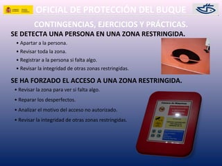 OFICIAL DE PROTECCIÓN DEL BUQUE
CONTINGENCIAS, EJERCICIOS Y PRÁCTICAS.
SE DETECTA UNA PERSONA EN UNA ZONA RESTRINGIDA.
• Apartar a la persona.
• Revisar toda la zona.
• Registrar a la persona si falta algo.
• Revisar la integridad de otras zonas restringidas.
SE HA FORZADO EL ACCESO A UNA ZONA RESTRINGIDA.
• Revisar la zona para ver si falta algo.
• Reparar los desperfectos.
• Analizar el motivo del acceso no autorizado.
• Revisar la integridad de otras zonas restringidas.
 
