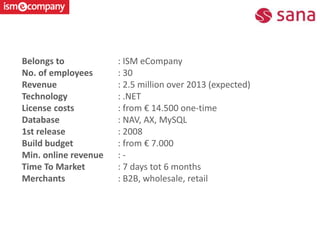 Belongs to : ISM eCompany
No. of employees : 30
Revenue : 2.5 million over 2013 (expected)
Technology : .NET
License costs : from € 14.500 one-time
Database : NAV, AX, MySQL
1st release : 2008
Build budget : from € 7.000
Min. online revenue : -
Time To Market : 7 days tot 6 months
Merchants : B2B, wholesale, retail
 