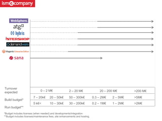 Turnover
expected
Build budget*
Run budget**
0 – 2 M€ 2 – 20 M€ 20 – 200 M€ >200 M€
7 – 20k€ 20 – 50k€ 50 – 300k€ 0.3 – 2M€ 2 – 5M€ >5M€
5 k€< 10 – 30k€ 30 – 200k€ 0.2 – 1M€ 1 – 2M€ >2M€
*Budget includes licenses (when needed) and developments/integration
**Budget includes licenses/maintenance fees, site enhancements and hosting.
 
