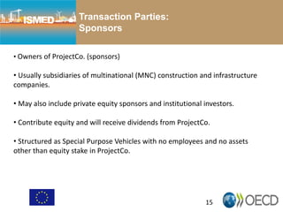 15
Transaction Parties:
Sponsors
• Owners of ProjectCo. (sponsors)
• Usually subsidiaries of multinational (MNC) construction and infrastructure
companies.
• May also include private equity sponsors and institutional investors.
• Contribute equity and will receive dividends from ProjectCo.
• Structured as Special Purpose Vehicles with no employees and no assets
other than equity stake in ProjectCo.
 