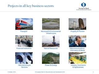Projects in all key business sectors
9 October, 2014 © European Bank for Reconstruction and Development 2012 3
Transport
Industry, Commerce
& Agribusiness
Financial Institutions
Manufacturing &
Services
Municipal & Environmental
Infrastructure
Power & Energy
Natural Resources
Property & Tourism
Telecommunications,
Informatics & Media
 