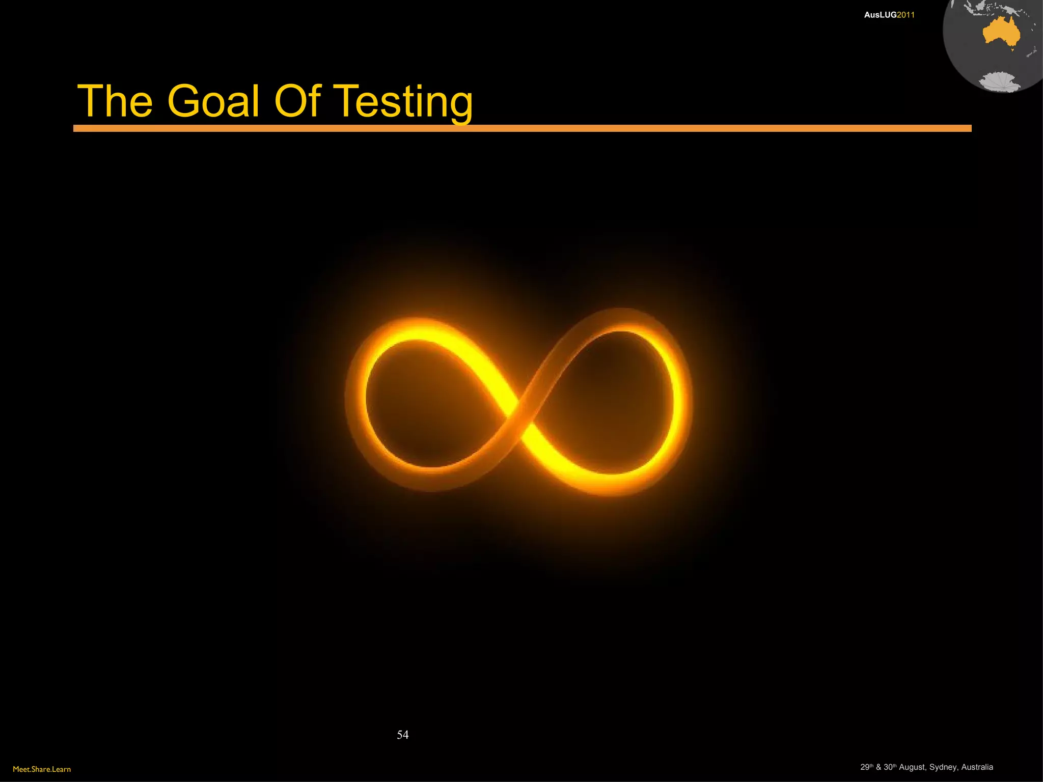 Meet.Share.Learn 29th
& 30th
August, Sydney, Australia
54
AusLUG2011
The Goal Of Testing
 