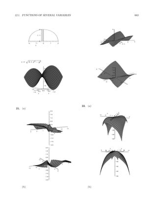 12.1. FUNCTIONS OF SEVERAL VARIABLES                                                                                                                                                          663




                                     2                                                                                                              2




                                 z 1                                                                                                                1




                                     0                                                                                     4        3               0
                                                                                                                                        2       1                 1                  2        3
                                                                                                                      −2             −1                 0
                                                                                                                                                        0
          −2             −1                   0                     1                 2                                                 y                   −1 −2
                                                                                                                                                                   −3 x
                         y
                                                                                                                                                −1




    z=    4 + x2 − y 2

                                                                                                                                                    2.0
                                                  2.2
                                                                                                                  4
                                                                                                                                                    1.5

                                                  2.1                                                                                               1.0
                                                                                                                           2                                                                      3
                                                                                                                       y
                                                                                                                                                    0.5                                   2
                                                  2.0                                                                                                                           1
                                                                                                                                                    0.0
                                                                                                                                                    0                                     x
                                                                                                                                                                0
                                                                                                                                                −1
                                                                                                                                                 −0.5
                                                  1.9                                                                           −2
                                                                                                                                                −1.0                    −2

                                                  1.8


                   1.0                                                  1.0
                              0.5                          0.5
                                             0.0
                               −0.5                         −0.5
                    −1.0                                                    −1.0
                                 x                              y




                                                                                                        22. (a)
21. (a)
                                                                    2.0
                                                                                                                                                                    3
                                                                                                                                     x                          2
                                                                    1.6                                               −3       −2         −1 y 0 1
                                                                                                                                                 0                      1        2
                                                                                                                                              −1
                                                                                                                                               0                                         3
                                                                    1.2                                                                     −2
                                                                                                                                          −3
                                                                    0.8                                                                         −10

                                                                    0.4
                                                                                                                                                −20
                             3                                      0.0
                                         2                                                         −3
                                                      1                       −1           −2
                                                                0
                                                                0                                                                               −30
                             2               1                        −1
               3                                                    −0.4           −2 x
                                                                                          −3
                                                                              y
                                                                    −0.8                                                                        −40


                                                                    −1.2
                                                                                                                                                −50

                                                                    −1.6


                                                                    −2.0

                                                          2.0
                                                                                                                                            x                               y
                                                                                                                       3       2
                                                                                                                               −3        −2 1 −1        0       1 −1 2          3
                                                                                                                                                                                −2   −3
                                                          1.6
                                                                                                                                                            0

                                                          1.2

                                                                                                                                                            −10
                                                          0.8

                                  −3
                                                          0.4
                                             −2                                                                                                             −20
                                                      −1                                            3
                                                       0.0                                     2
                                                  x                               1
                                                                0
                                                                0
                                             −1                                                                                                             −30
                         −2                           −0.4              1
          −3                      y                                           2
                                                      −0.8
                                                                                      3                                                                     −40
                                                      −1.2

                                                      −1.6                                                                                                  −50


                                                      −2.0




    (b)                                                                                                     (b)
 