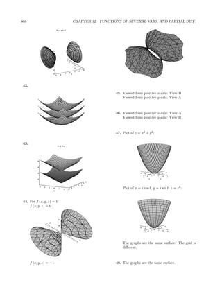 668                                                                      CHAPTER 12. FUNCTIONS OF SEVERAL VARS. AND PARTIAL DIFF.

                                        f(x,y,z)=-2




                                   3

                                   2

                                   1
                                                             3
                                                                 2
                                  z 0                                1
                                                                          0
                                   -1                                          -1
                                                                          x            -2
                                   -2                                                       -3
                                                                                             -3
                                                                                   -2
                                                                          -1
                                                                 0
                                   -3                    1           y
                                                 2
                                        3




 42.

                                                                                                       45. Viewed from positive x-axis: View B
                                                                                                           Viewed from positive y-axis: View A
                                             25

                                             20

                                             15

                                             10

                                                 5
                                                                                                       46. Viewed from positive x-axis: View A
                            -3   -2  -1
                                          0
                                                         -1 -2
                                                                -3                                         Viewed from positive y-axis: View B
                                   2 1     0              1   2
                               3         -5                        3
                                    x                       y
                                        -10




                                                                                                       47. Plot of z = x2 + y 2 :

 43.
                                            f=-2,f=2

                                                                                                                                           8


                                                                                                                                           6


            6                                                                                                                              4


            4                                                                                                                              2


                                                                                                                       -3                                       -3
            2                                                                                                               -2             0     -1       -2
                                                                                                                                     -1     00
                                                                                                                                 2     1         1         2
                                                                                                                            3                                        3
            0                                                                                                                        x                y

                                                                                                  -3
                                                                                           -2
                                                                                        -1
                                                                                   0      y
                                                                               1
                3       2    1      0       -1       -2       -3
                                                                     3
                                                                         2
                                                                                                           Plot of x = r cos t, y = r sin t, z = r2 :
                                    x




 44. For f (x, y, z) = 1
     f (x, y, z) = 0                                                                                                                       8


                                                                                                                                           6


                                                                                                                                           4

                                            2
                                                                                                                                           2
                            −2                                           −2
                                          1y         x
                                        −1               −1                                                                                                    -3
                                                                                                                       -3   -2        0               -2
                                                                                                                                  -1             -1
                                                                                                                                        0
                                                                                                                                     1 0          1        2
                                            0            0                                                                  3    2                                   3
                                             0

                              1                                      1
                                        z −1
                    2                                                                  2

                                            −2                                                             The graphs are the same surface. The grid is
                                                                                                           diﬀerent.



       f (x, y, z) = −1                                                                                48. The graphs are the same surface.
 