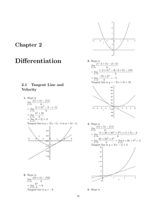 3



                                                                                              2



                                                                                              1



                                                                                              0
                                                              −3        −2          −1             0           1               2       3
                                                                               x

Chapter 2                                                                                 y
                                                                                              −1



                                                                                              −2



                                                                                              −3




Diﬀerentiation                                            3. Slope is
                                                                 f (−2 + h) − f (−2)
                                                             lim
                                                             h→0          h
                                                                             2
                                                                    (−2 + h) − 3(−2 + h) − (10)
                                                             = lim
                                                               h→0                h
                                                                    −7h + h2
                                                             = lim             = −7.
                                                               h→0      h
                                                             Tangent line is y = −7(x + 2) + 10
  2.1 Tangent Line and                                                                    120

  Velocity                                                                                100

                                                                                              80

                                                                                              60
  1. Slope is
                                                                                              40
         f (1 + h) − f (1)
     lim                                                                                      20
     h→0         h
                   2                                                                          0
            (1 + h) − 2 − (−1)                               −10   −8     −6       −4    −2    0       2           4       6       8   10
     = lim                                                                     x
                                                                                           −20
       h→0           h
            h2 + 2h                                                                       −40

     = lim                                                                                −60
       h→0     h
     = lim (h + 2) = 2.
          h→0
     Tangent line is y = 2(x−1)−1 or y = 2x−3.            4. Slope is
                                                                 f (1 + h) − f (1)
                                                             lim
                              5.0                            h→0         h
                                                                    (1 + 3h + 3h2 + h3 ) + (1 + h) − 2
                                                             = lim
                     x        2.5                              h→0                  h
     −3         −2       −1          0   1   2   3                  4h + 3h2 + h3
                              0.0                            = lim                 = lim 4 + 3h + h2 = 4.
                                                               h→0        h          h→0
                              −2.5
                                                             Tangent line is y = 4(x − 1) + 2.
                                                                         30


                              −5.0                                       25


                              −7.5                                       20



                                                                        y 15



                                                                         10



                                                                          5


  2. Slope is                                                             0
         f (0 + h) − f (0)                                   −1                0                   1                   2                3
     lim                                                                                                   x
     h→0         h                                                        −5

            h2
     = lim     = 0.
       h→0 h
     Tangent line is y = −2.                              5. Slope is

                                                     78
 