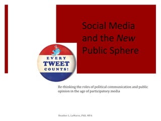 Social Media
and the New
Public Sphere
Re-thinking the roles of political communication and public
opinion in the age of participatory media
Copyright
Heather L. LaMarre, PhD, MPA
 