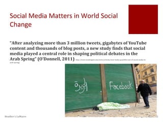 Copyright 2/12/2012Heather L LaMarre
“After analyzing more than 3 million tweets, gigabytes of YouTube
content and thousands of blog posts, a new study finds that social
media played a central role in shaping political debates in the
Arab Spring” (O’Donnell, 2011) http://www.washington.edu/news/articles/new-study-quantifies-use-of-social-media-in-
arab-spring)
Social Media Matters in World Social
Change
 