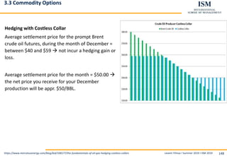 Levent Yilmaz I Summer 2019 I ISM 2019 148
3.3 Commodity Options
Hedging with Costless Collar
Average settlement price for the prompt Brent
crude oil futures, during the month of December =
between $40 and $59  not incur a hedging gain or
loss.
Average settlement price for the month = $50.00 
the net price you receive for your December
production will be appr. $50/BBL.
https://www.mercatusenergy.com/blog/bid/106577/the-fundamentals-of-oil-gas-hedging-costless-collars
 